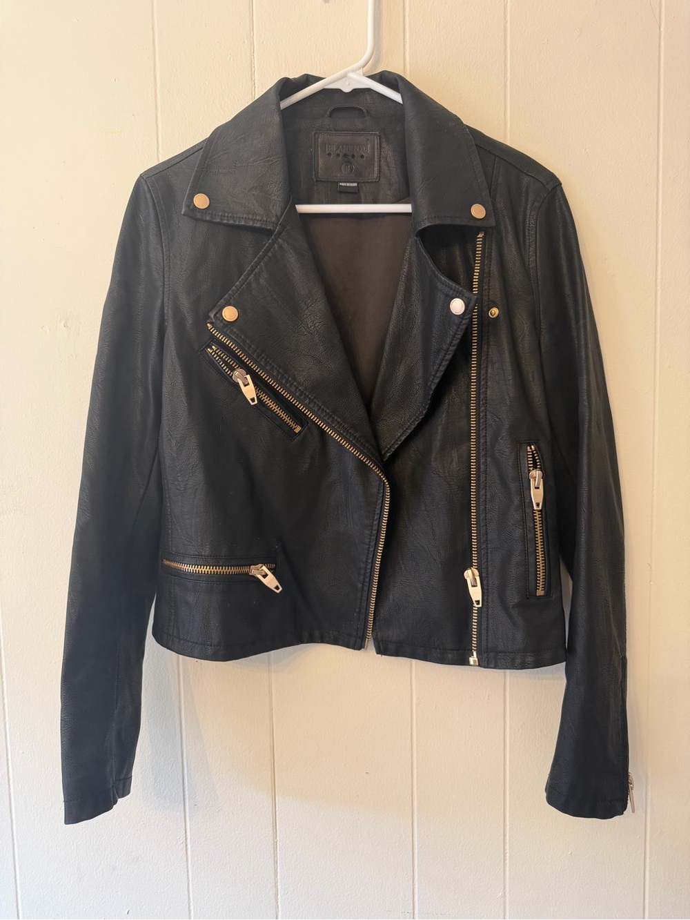 Women’s Black Faux Leather Moto Jacket with Gold Hardware BlankNYC